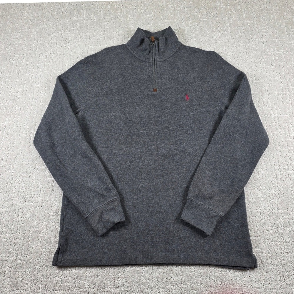 Polo Ralph Lauren Mens Medium Charcoal Grey Cotton Quarter Zip Pullover Logo